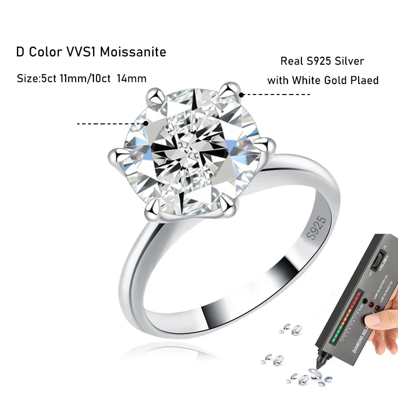 Tezzc Classic 6 claws 5ct Moissanite Ring 925 Sterling Silver High Clarity D Color Diamond 10 Carat Big Gemstone Wedding Jewelry