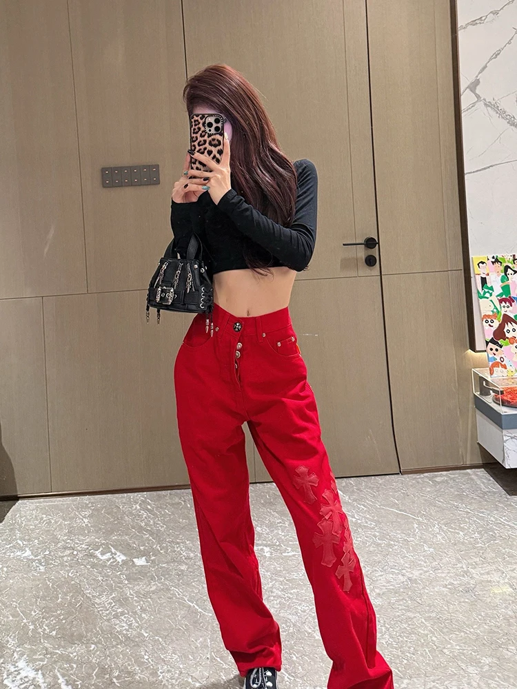 

Американские женские джинсы из плотной кожи с пэчворком, красные, с высокой талией, прямые, широкие штанины, удлиненные, в стиле Spicy Girl, дизайнерская новинка