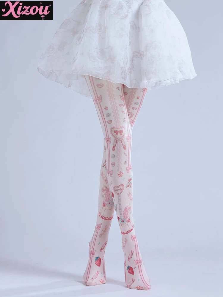 

Весенне-осенние милые мягкие чулки с принтом розовой Лолиты для девочек, двухмерные женские колготки с принтом троянского лошади вишни, клубники