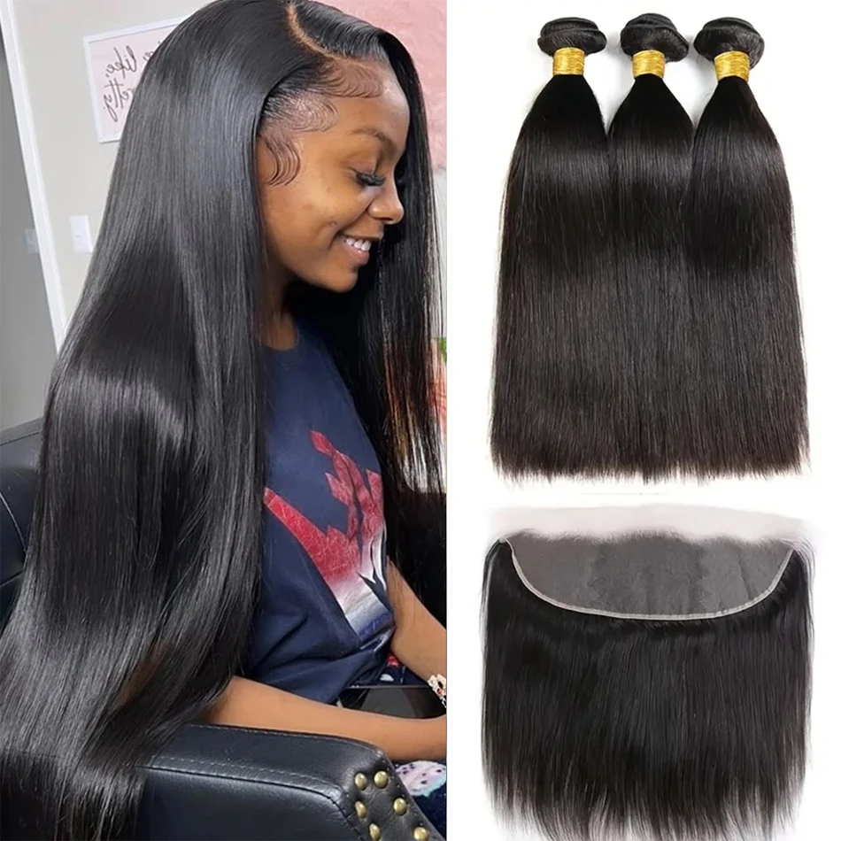 

Bundles with Frontal Natural Straight Peruvian Virgin Human Hair 3 Bundles with 13x4 HD Lace Frontal 100% Remy Human Hair Weave