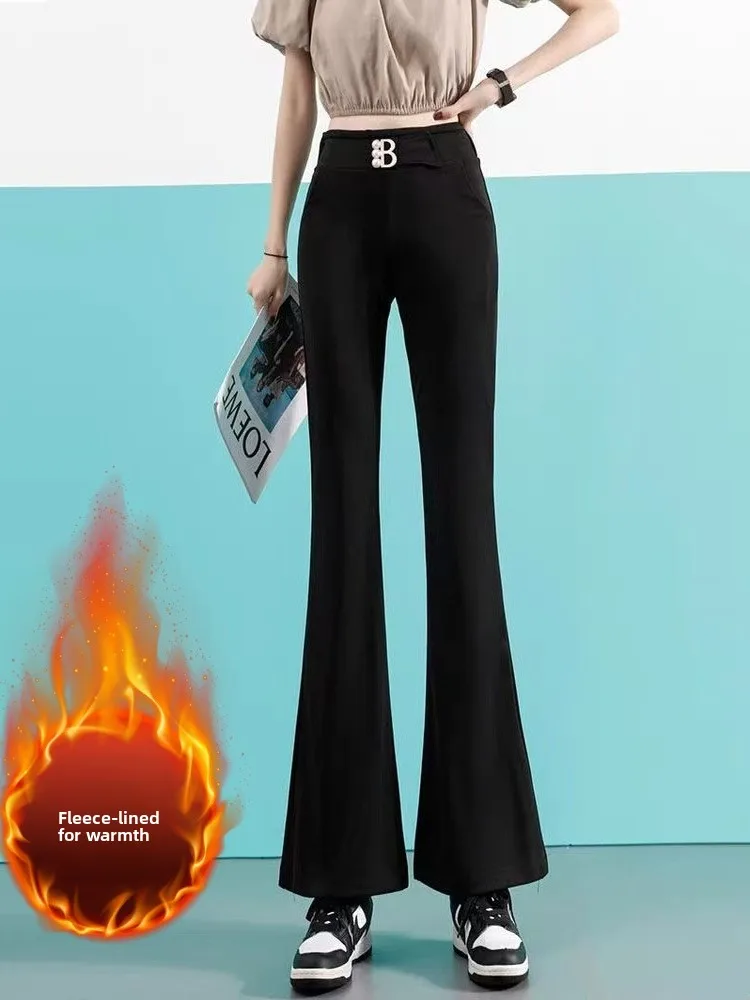 

Женские расклешенные брюки больших размеров с эластичной резинкой на талии, зимние теплые повседневные брюки с высокой талией для женщин больших размеров