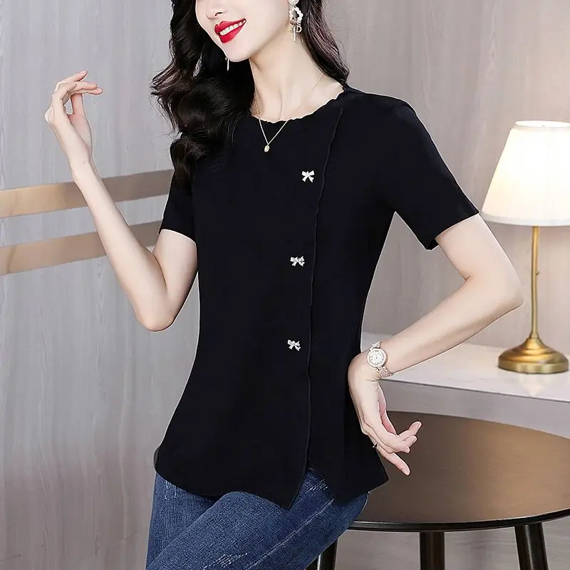 New Summer Women\'s Solid Colors O-Neck Short Sleeve Plus Size Slim Thin Bow Classic Pullovers Trendy Commute Comfortable Tops