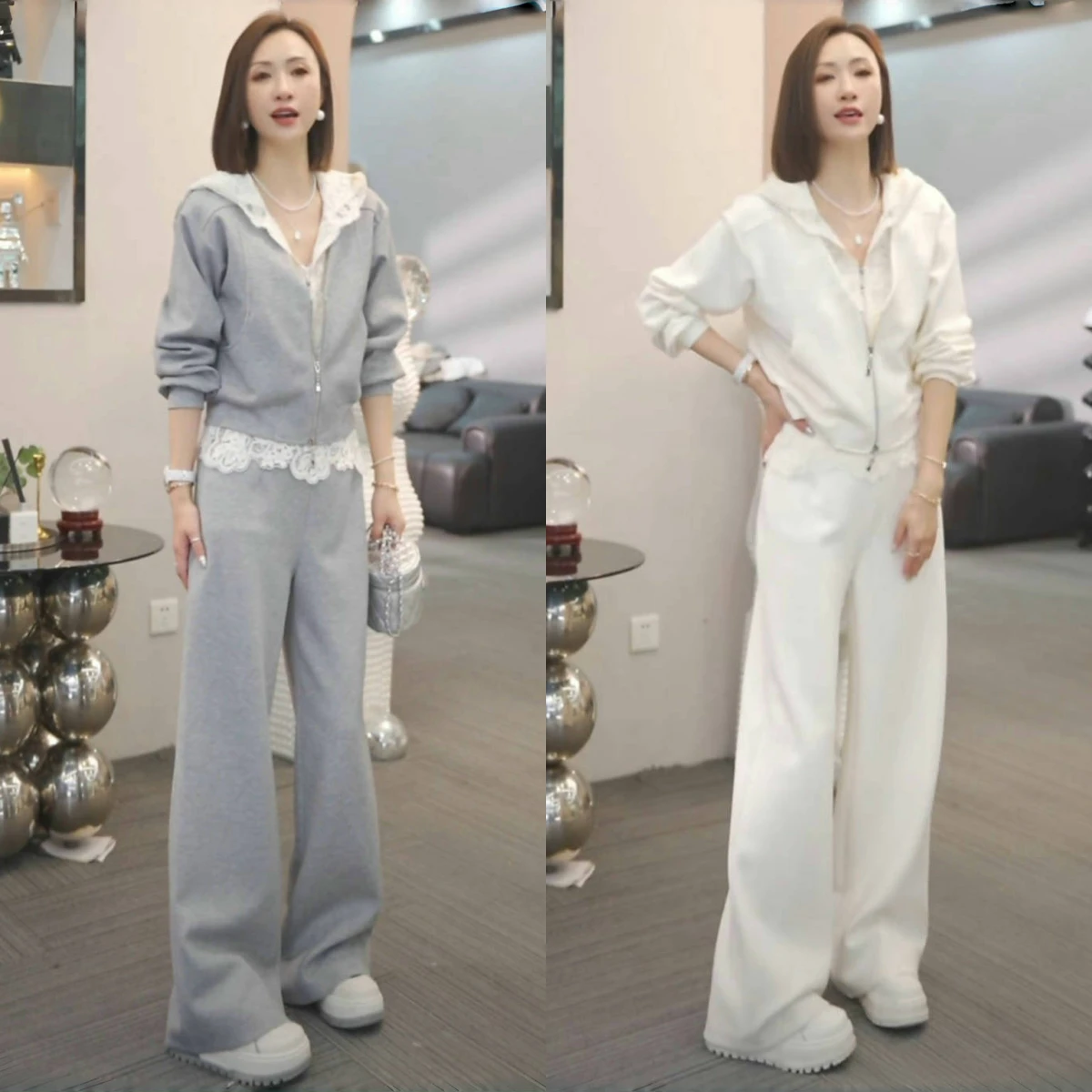 

Повседневный комплект из двух предметов: брюки с широкими штанинами и кружевными вставками, худи с длинным рукавом на молнии. Весенне-осенний вариант для офиса и отдыха.