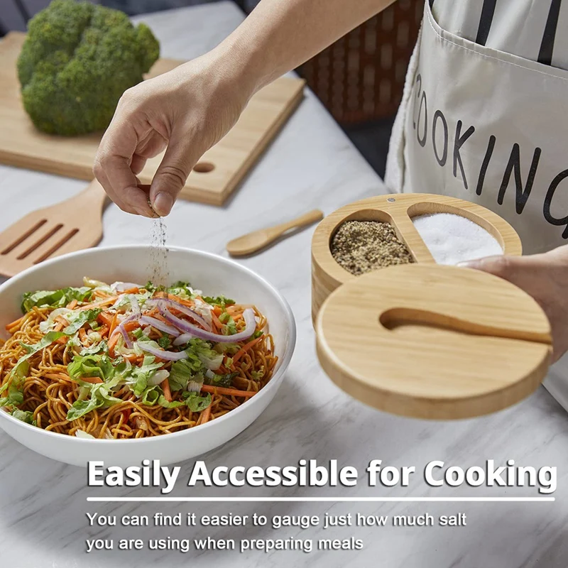 회전 뚜껑이 있는 양념병 조미료 상자 뚜껑과 스푼이 있는 대나무 소금 저장고, 2칸 소금 후추 그릇, 듀얼 6온스