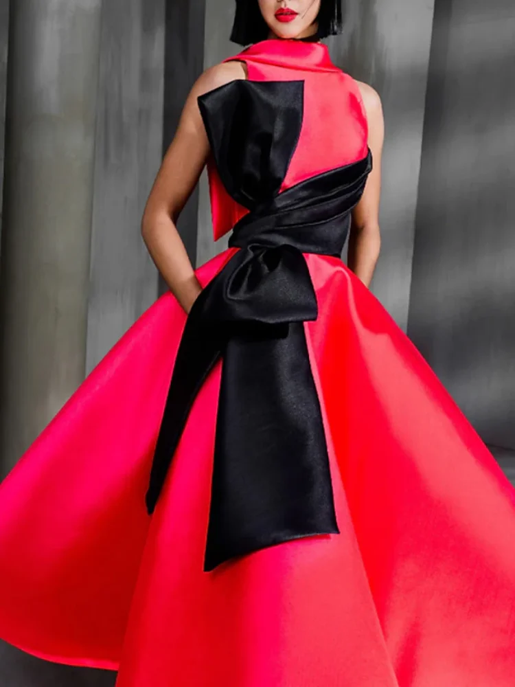 Elegant Formal Evening Dresses Color Block High Neck Sleeveless Ankle Length Satin with Bows Celebrity Style Prom Party Gown