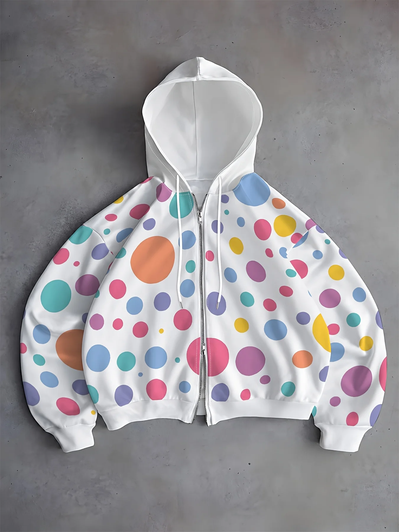 Women's Zip-Up Hooded Sweatshirt,  White Base with Large Colorful Polka Dot Pattern, Colorful Polka Dot Style