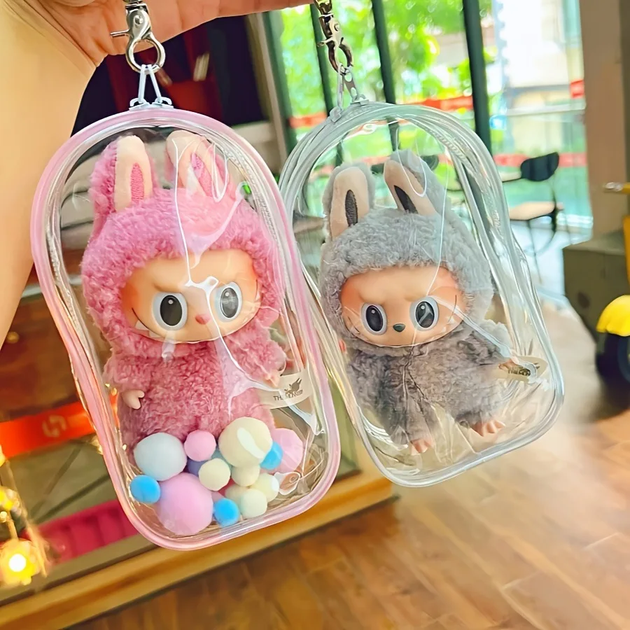 PVC Storage Box with Keychain & Fur Balls For 17cm Labubu & Glue Dolls, Transparent Dustproof Zipper Case for Small Figurines