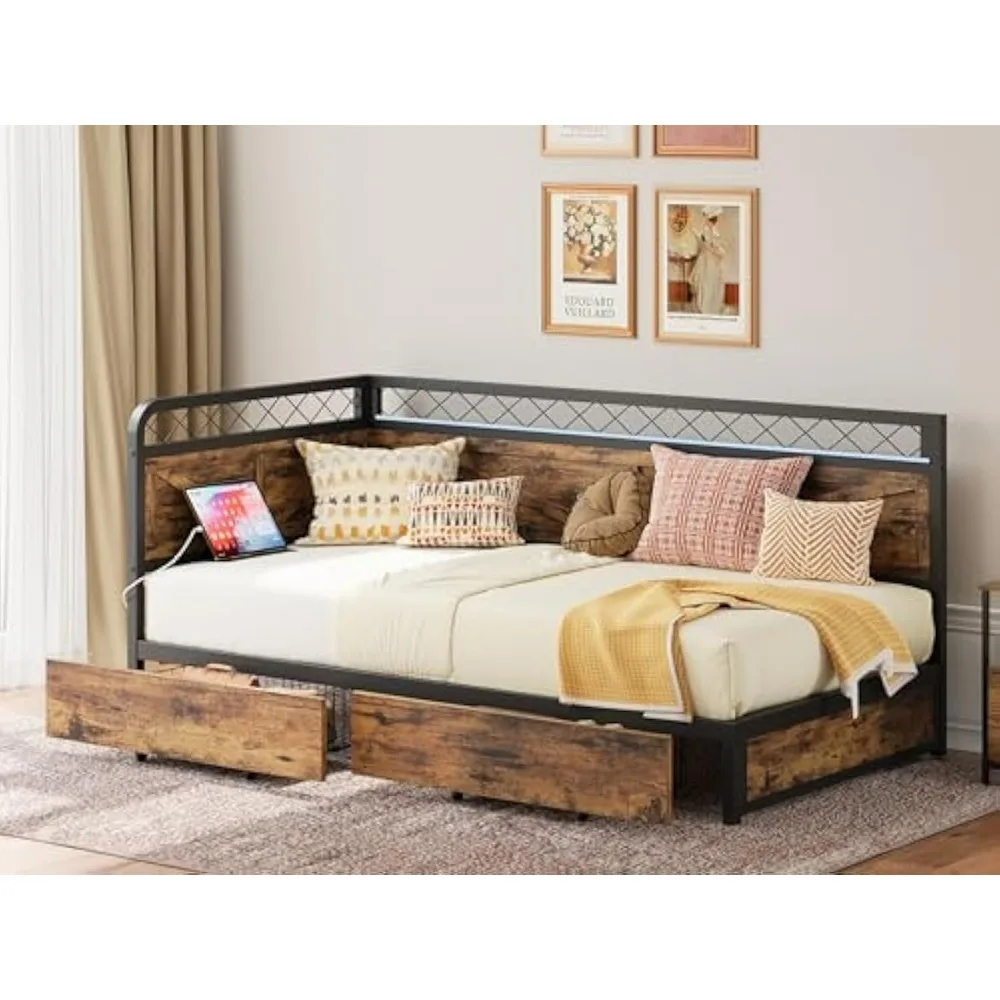 

Twin Daybed with Storage Drawers, Corner Bed Frame with LED Lights and Charging Station for Living Room, Bedroom and Guest Room