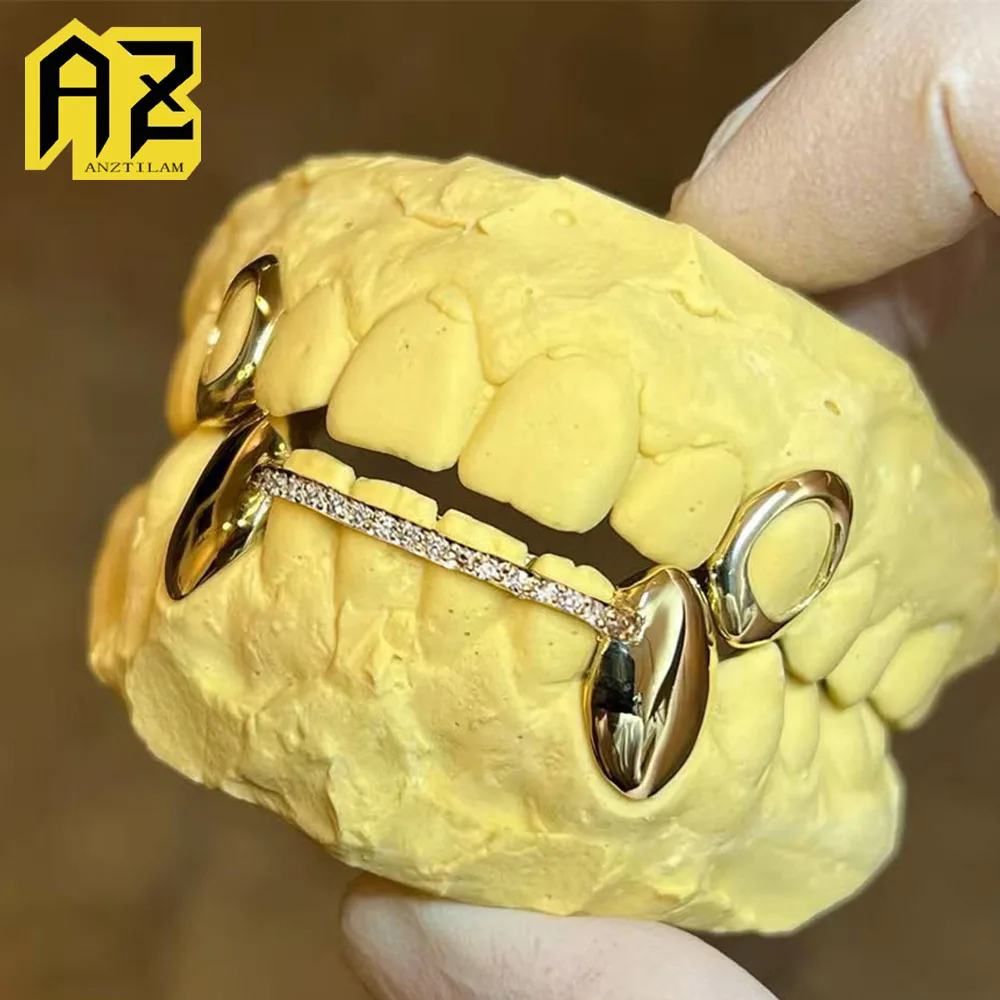 Anztilam 4 Teeth Set Iced Out Grillz Full Zircon Tooth Shine Grills Men Women Hip Hop Tooth Grills Caps Brass Fashion Jewelry