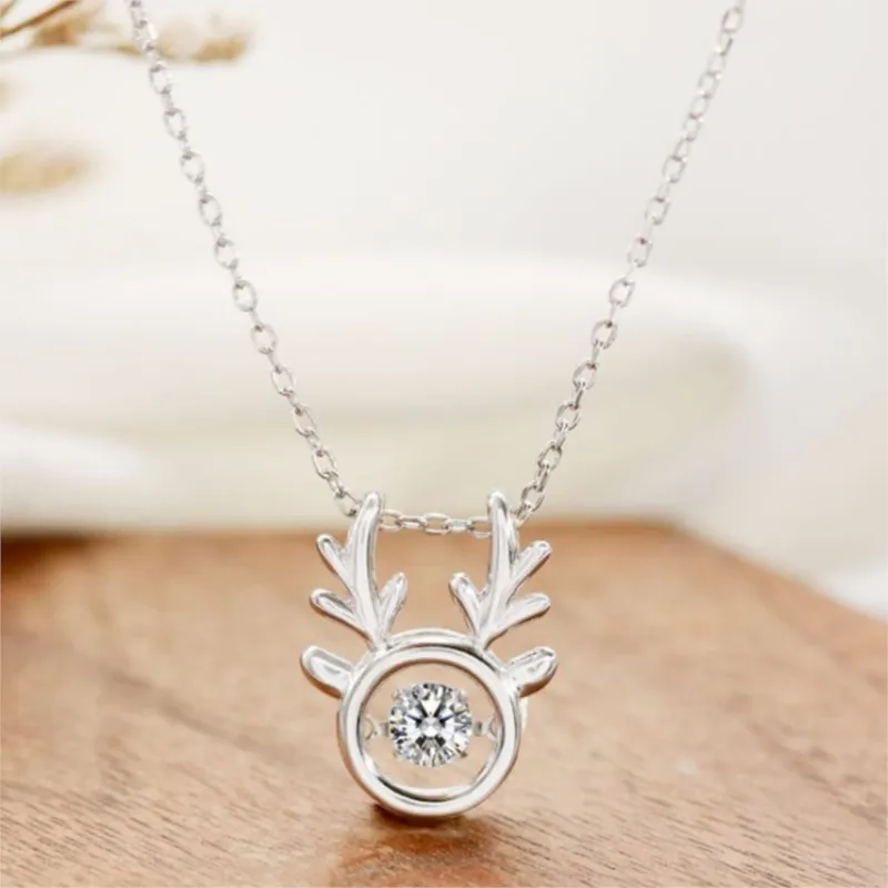 

New Creative Can Move Sweet Antler 925 Sterling Silver Fashion Jewelry Christmas Gift Deer Crystal Pendant Necklaces XL243