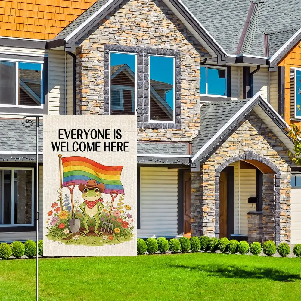Perfectinsoy Everyone is Welcome Here Funny Garden Flag, Inclusion Equality Human Rights Rainbow LGBTQ Yard Banner, Frog Lov ZZM