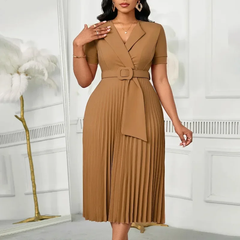 

Dashiki African Dresses for Women Autumn Elegant Short Sleeve V-neck Party Evening Pleat Midi Dress Africa Clothing S-3XL