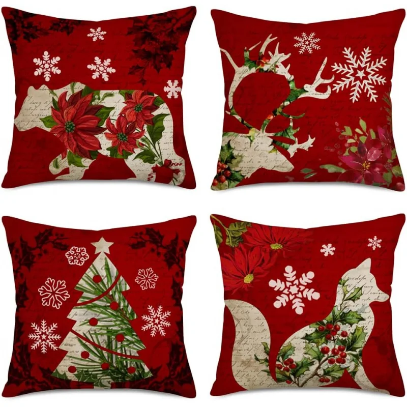 

Merry Christmas Red Pillowcase 18x18 inches 4 Christmas Trees Flower Pattern Bear Winter Snowflake Decoration Sofa Pillowcase