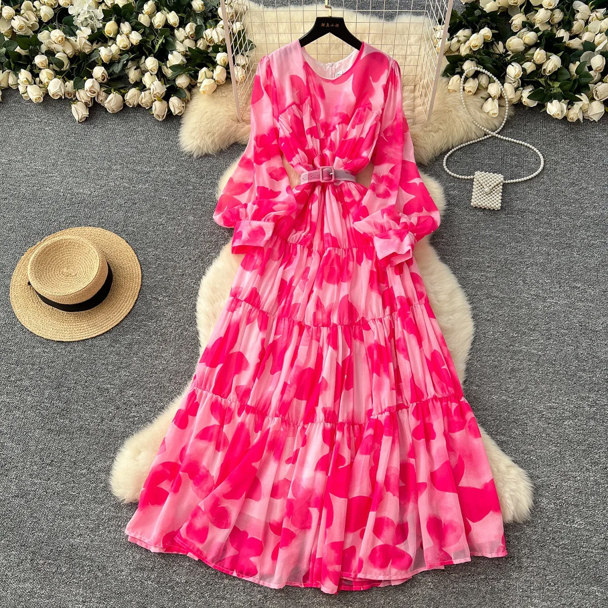 

Ladies Bohemian Beach Dress Women Summer Chiffon Dresses 2026 New O Neck Lantern Sleeve Print Long Dress Elegant Female Vestidos