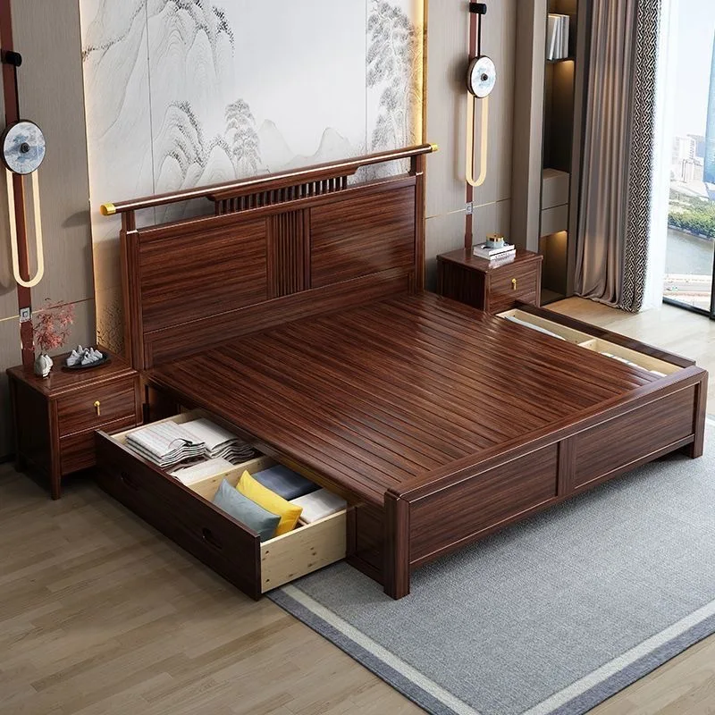 Nuovo letto cinese personalizzabile in legno massello di ebano Villa Semplice camera da letto principale Letto singolo doppio contenitore ad alta pressione d'aria