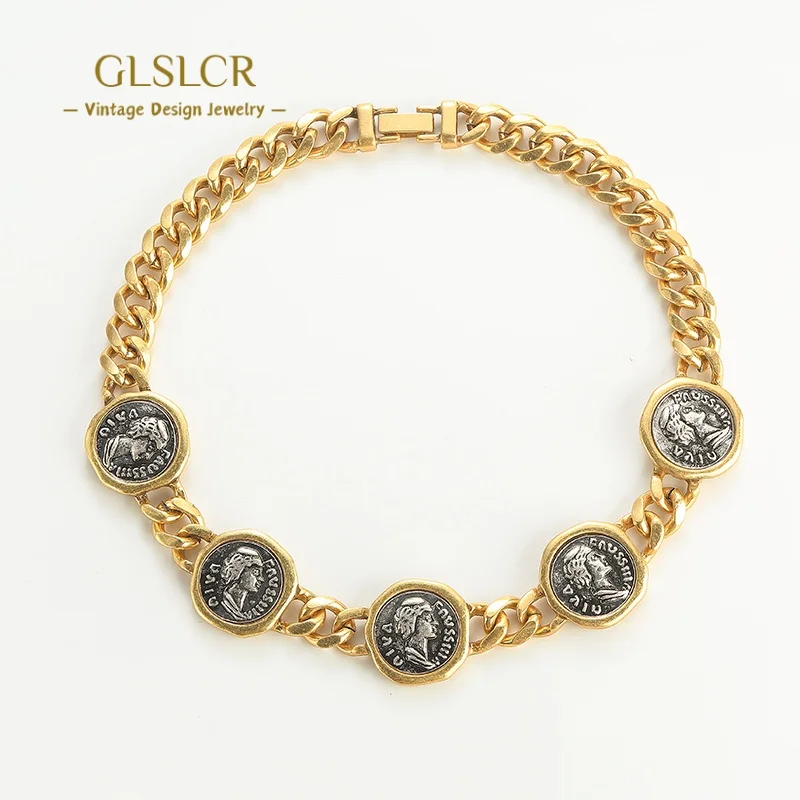 

Vintage Queen Portrait Copper Ancient Coins Necklace Chokers For Woman Luxury High Quality Gold Color Women Accessories Banquet