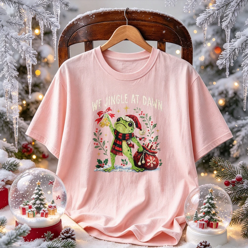 We Jingle At Dawn Cute Christmas Frog Graphic T Shirt Santa Hat Plaid Scarf Bell Holly Gift Bag Print Funny Holiday Casual Tees