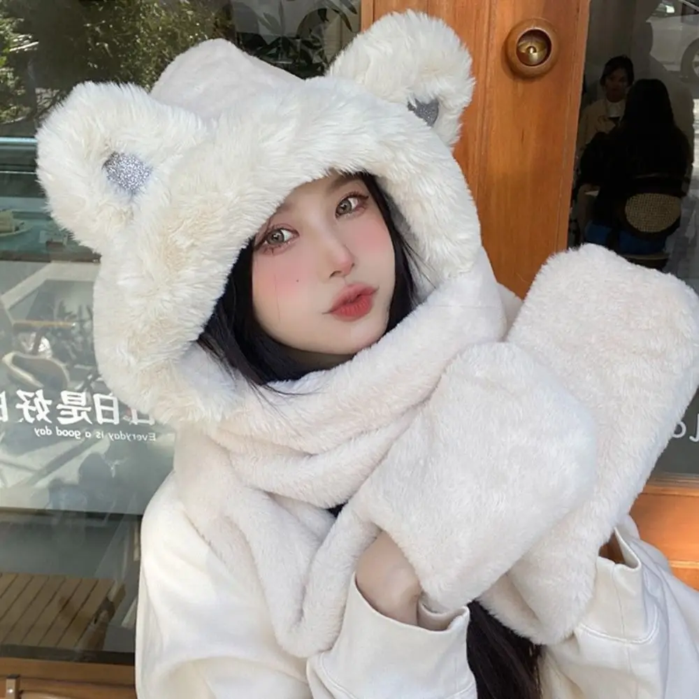 

Plush Bear Ear Hat Scarf Fashion Thickening Windproof Plush Hats Warm Soft Hat Scarf Gloves Set Women