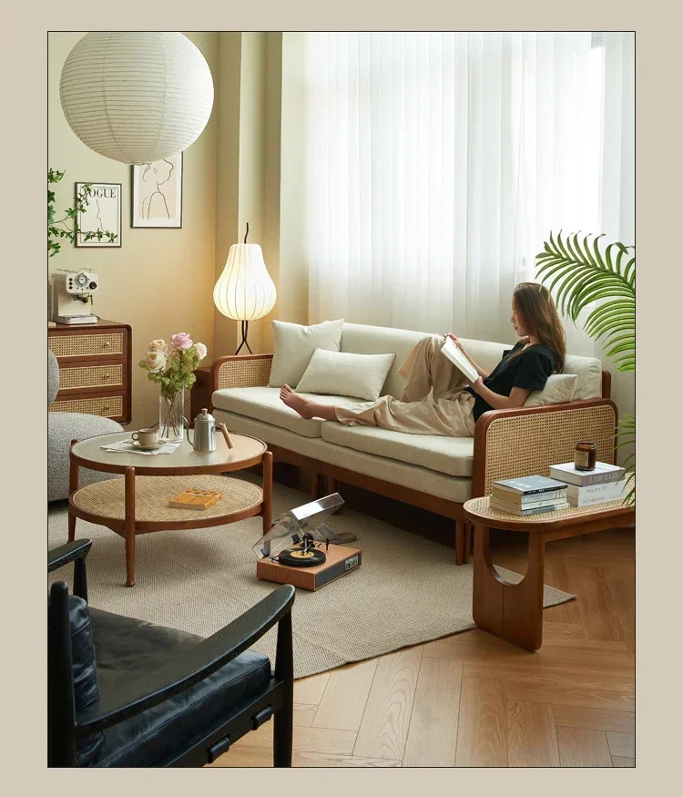 Sofá cama plegable Retro de doble uso, fila recta, madera maciza, ratán, sala de estar, tela de concubina imperial, moderno y sencillo