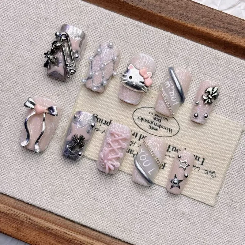 

10Pcs Acrylic Press on Nails Pink Hellokitty Cool Girl Cute Sqaure Fake Nails with Metal Decoration Y2k Handmade Nails