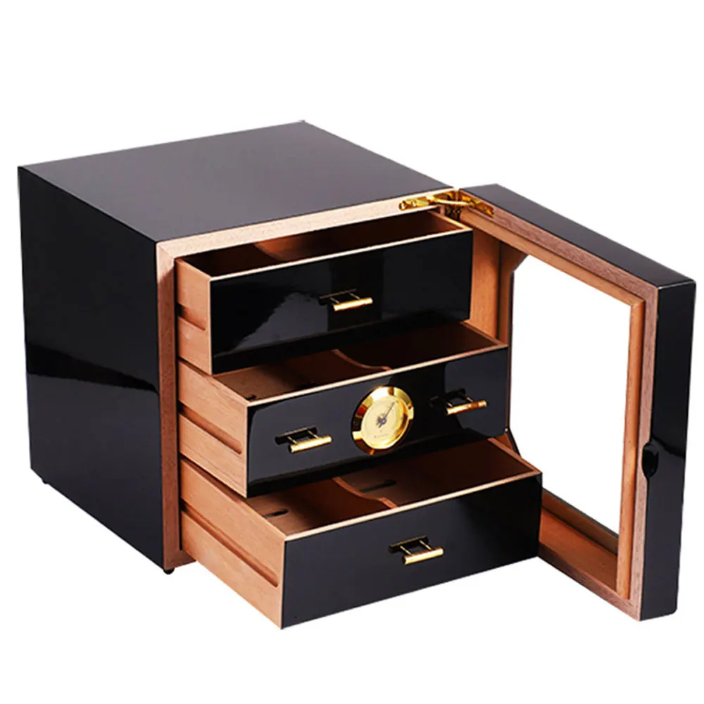 3 LayerCigar Cabinet Mini Frigde Humidor  Cedar Wood Lined Drawers Tempered Glass Door frigorifero