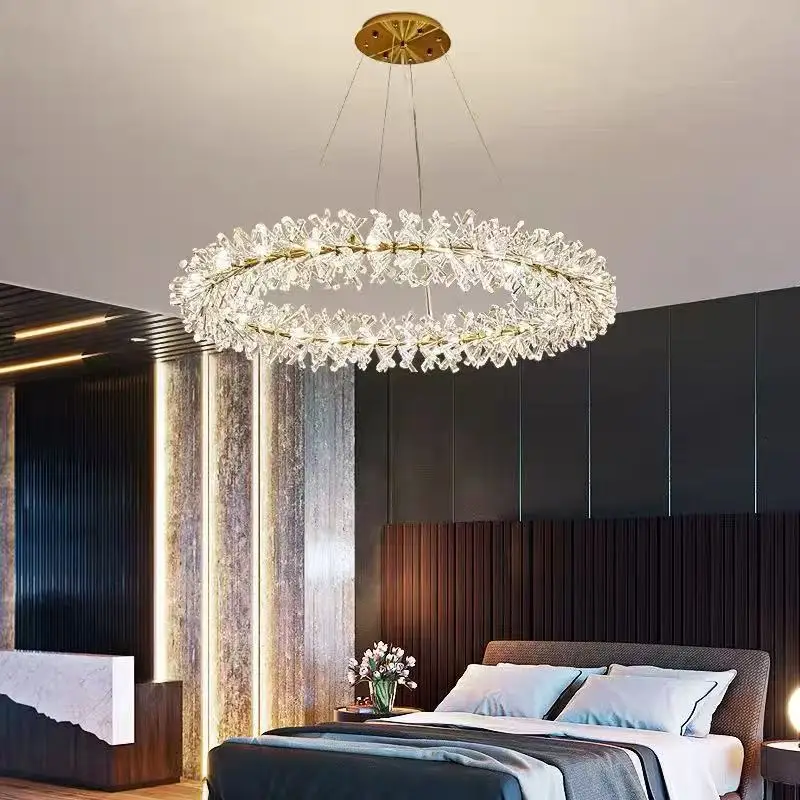 Modern Crystal Wreath Pendant Living Room Bedroom Kitchen Firefly Crystal Pendant Golden Branch Circular Decorative Lighting