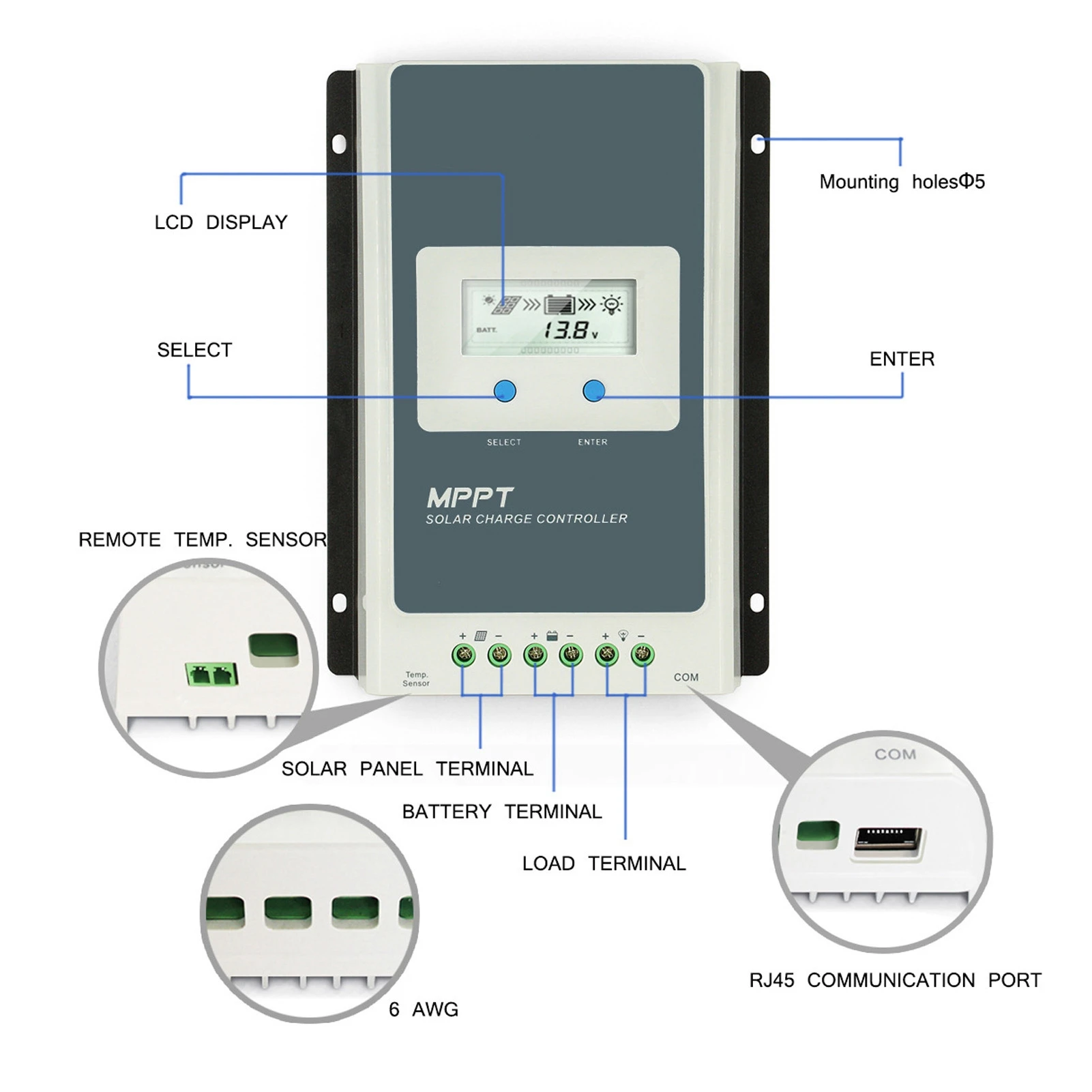 Solar Charge Controller MT52 Remote Control Header MPPT 40A 12V 24V with Temperature Probe