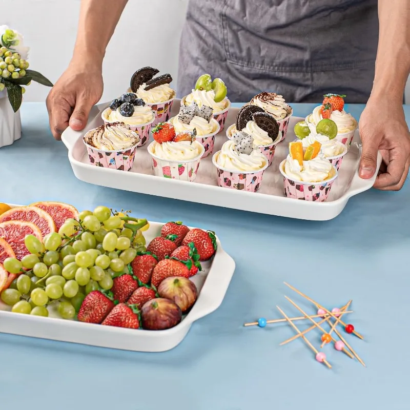 

Large Serving Platter with Handles, 16" x 9" Porcelain Serving Tray, White Rectangular Platters for Entertaining & Serving Food