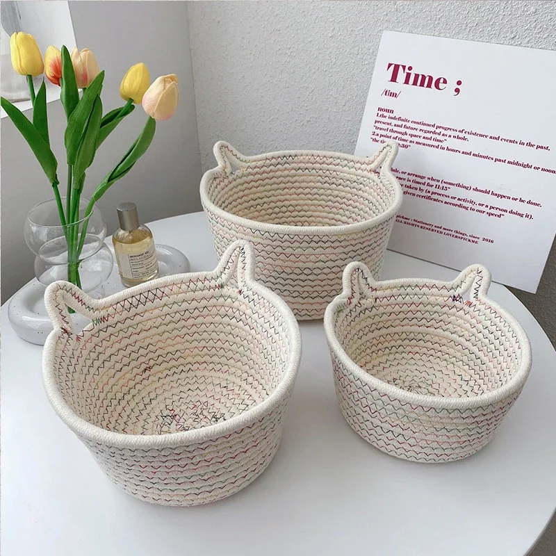 

Cat Ear Cotton Rope Woven Storage Baskets, Desk Organizer, Picnic Basket, Fruit Storage Box, Cosmetic Storage, Home Container