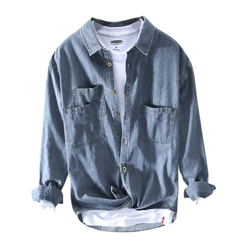 

Повседневная джинсовая рубашка с длинным рукавом для мужчин, уличный стиль, ретро, светло-голубая, с множеством карманов, из чистого хлопка, свободного кроя, в ковбойском стиле