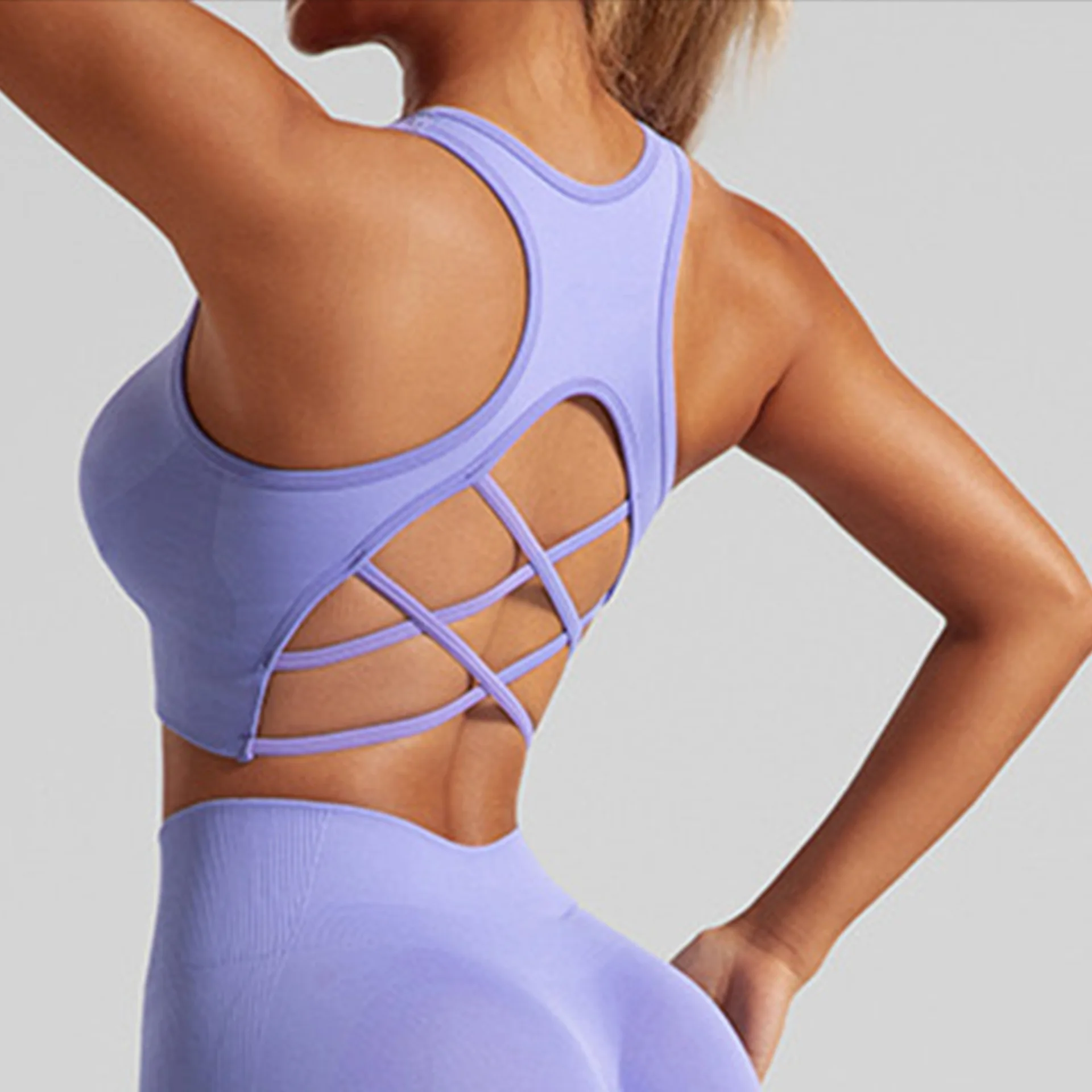 Seamless Yoga Bra Cross Shaped Back Gathered Fitness Vest with Chest Cushion Sports Vest for Women
