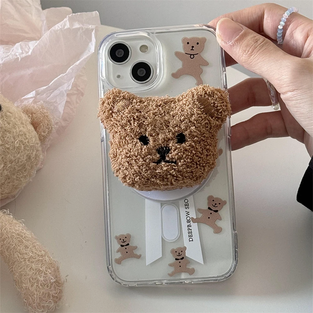 Cute 3D Plush Bear Magnetic Holder For Magsafe Wireless Charge Phone Case For iphone 16 15 14 12 13 11Pro Max Bowknot Soft Cover