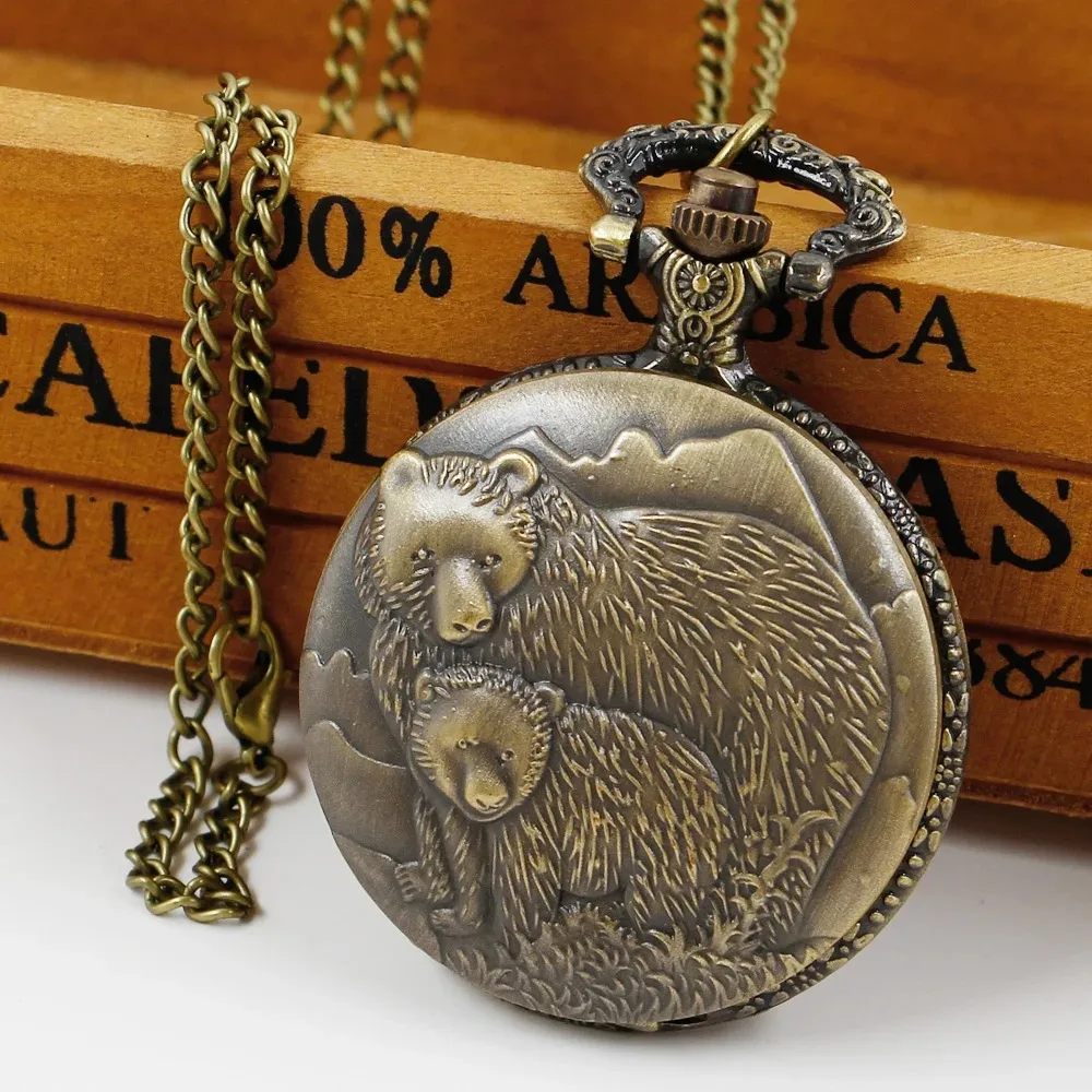 العتيقة رائعة الدب منحوتة ساعة جيب كوارتز قلادة ساعة سلسلة رائعة سحر الهدايا مثالية للرجال النساء جامعي