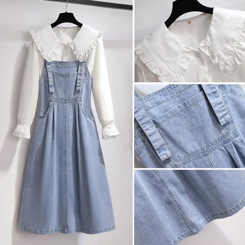 2022 Spring Autumn Women\'s Sweet Shirt Overall Denim Dress 1 or Two Piece Set Korean Lady Student Casual Joker Blouse Dress Suit