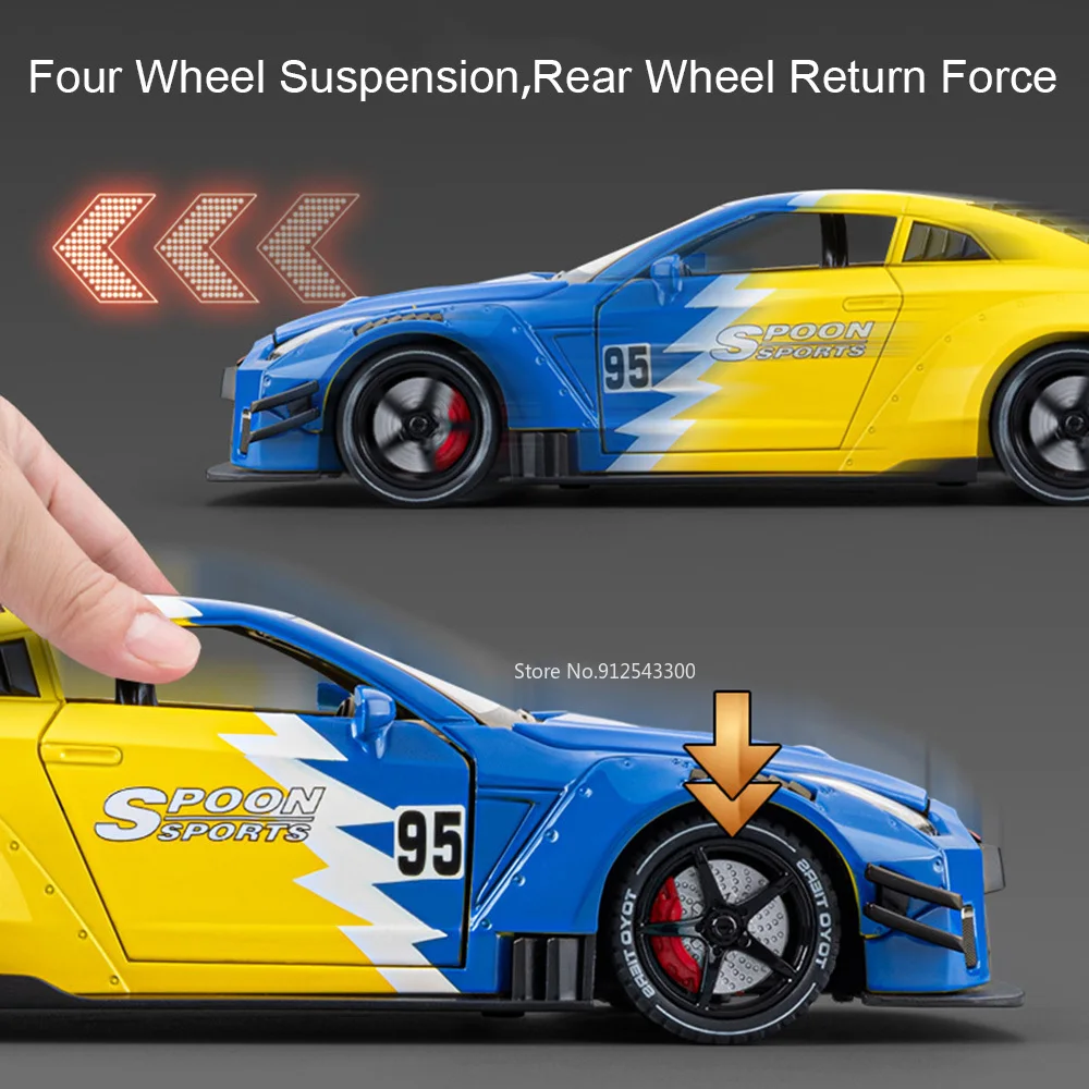 Model samochodu wyścigowego GTR R34 w skali 1:24, zabawka, odlew ze stopu, otwierane drzwi, napęd na sprężynę, modele samochodów sportowych, dźwięk, światło, prezenty dla dzieci.