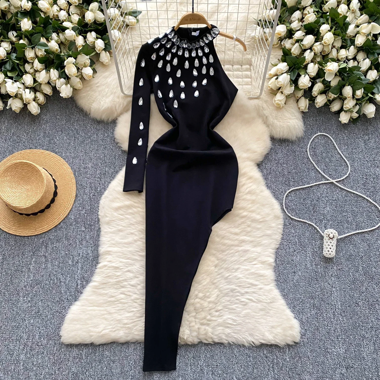 Vintage Hollow Out Elegant Rhinestone Chic Single Shoulder Slim Split Dresses Korean Sexy Evening Party Women Autumn Clothing