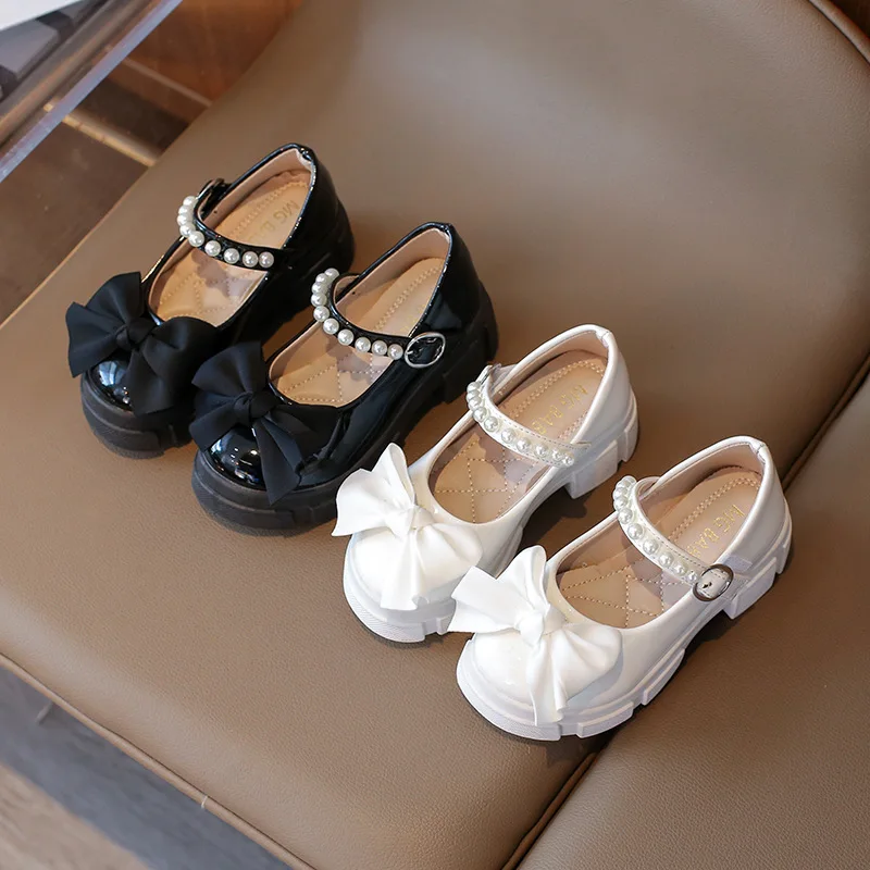 

Children Spring Summer Thickened Leather Shoes Girls Soft Sole Pearl Bow Princess Shoes Womans Round Toe Velcro Kid Single Shoes