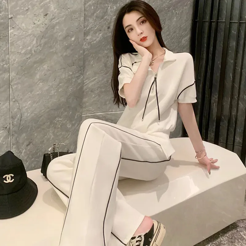 Women's Summer Suit Sports Leisure Suit Women's Loose Versatile Short-Sleeved Wide-Leg Pants Comfortable Casual Two-Piece Suit