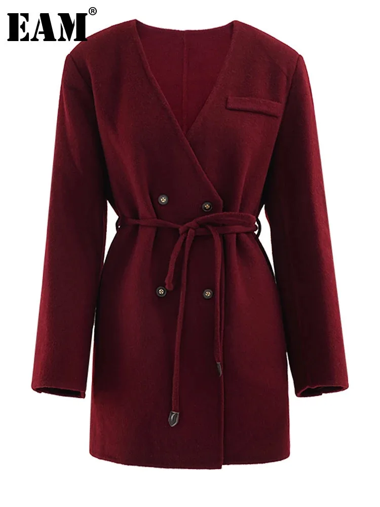 [EAM] Red Belted Big Size Elegant Woolen Coat New V-neck Long Sleeve Women Jacket Fashion Tide Autumn Winter 2024 CPG2150