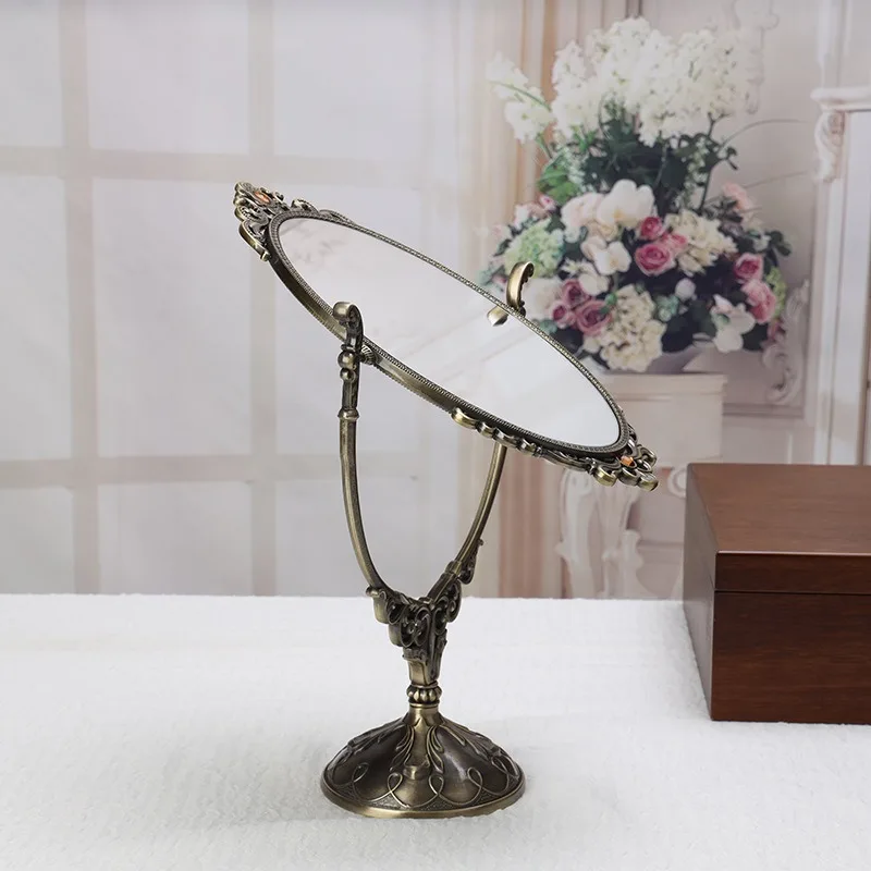 Desktop Decorative Mirror Metal Frame 360 Degree Rotatable Makeup Mirror European Retro Desktop Double-sided Vanity Mirrors