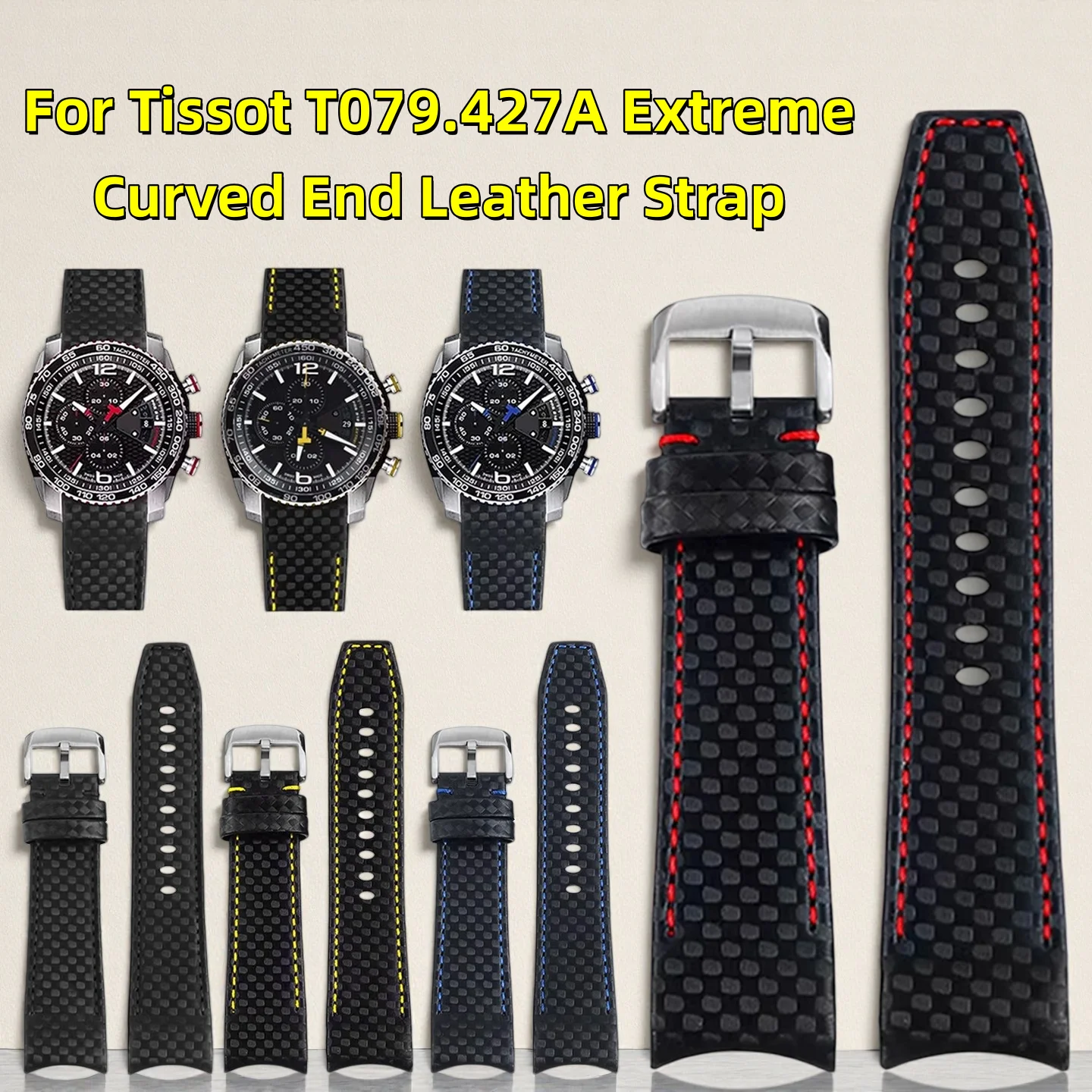 Correa curvada de cuero/textura de fibra de carbono de 23mm para reloj Tissot T079.427A PRS 516 Extreme Automatic serie T-Sport