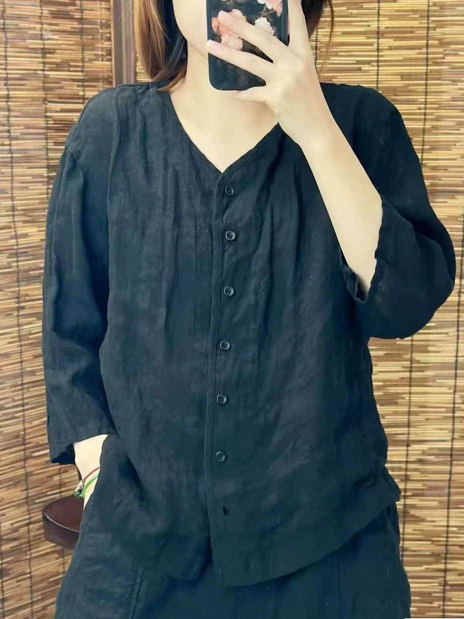 

Retro Cotton Linen Casual Loose Mid-Sve V-Ne Women's irt Summer New Sle Pure Color Versatile Loose Fit Top