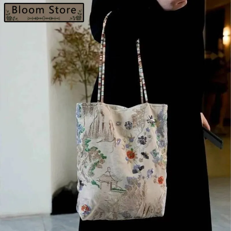 

Floral Canvas Handbag Women Large Capacity Sequined Embroidery Shoulder Ladies Landscape Pattern Elegant Tote Bag