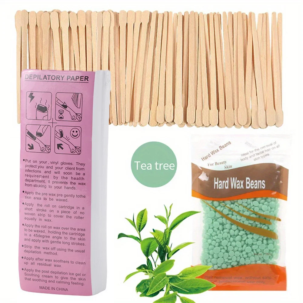 

100g Hard Wax Beans Body Hair Removal Disposable Wooden Hair Removal Stick Set Nonwoven Body Hair Remove Wax Paper Waxing Kits