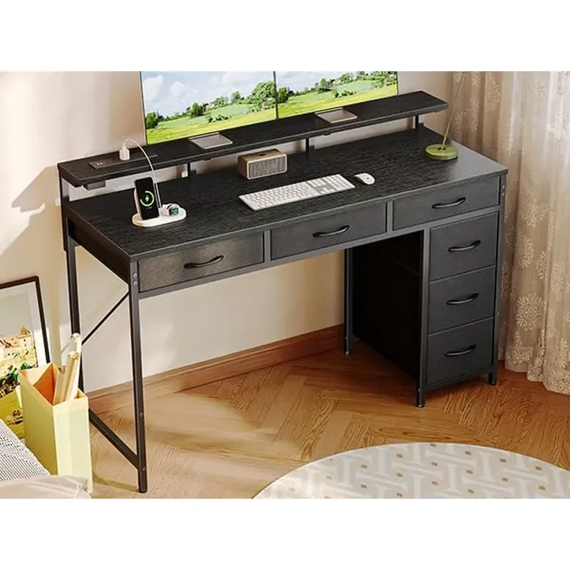 Gaming Desk with 6 Drawers Computer Desk with LED Lights Power Outlets and Type C 47 Inch Office Desk with Storage Monitor