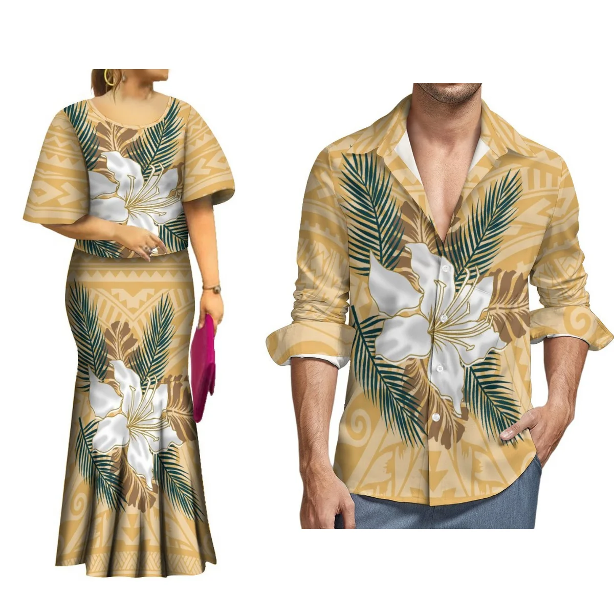 Hawaiian Fashion Couple Print Style Dress Women'S Bat-Sleeve Top And Fishtail Maxi Polynesian Custom Men'S Long-Sleeved Shirt