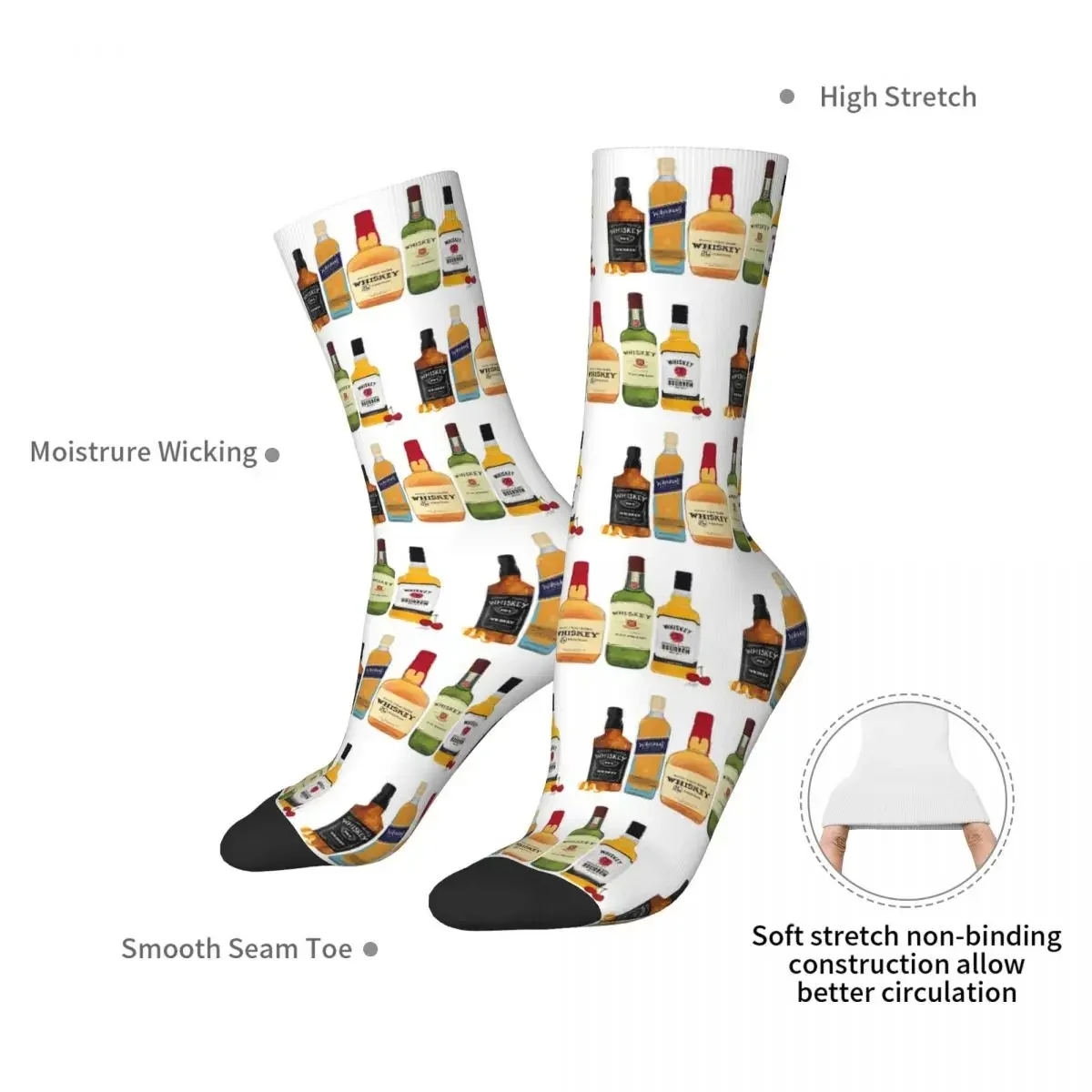 Whiskey Bottles Illustration Socks Harajuku Sweat Absorbing Stockings All Season Long Socks Accessories for Man's Woman's Gifts