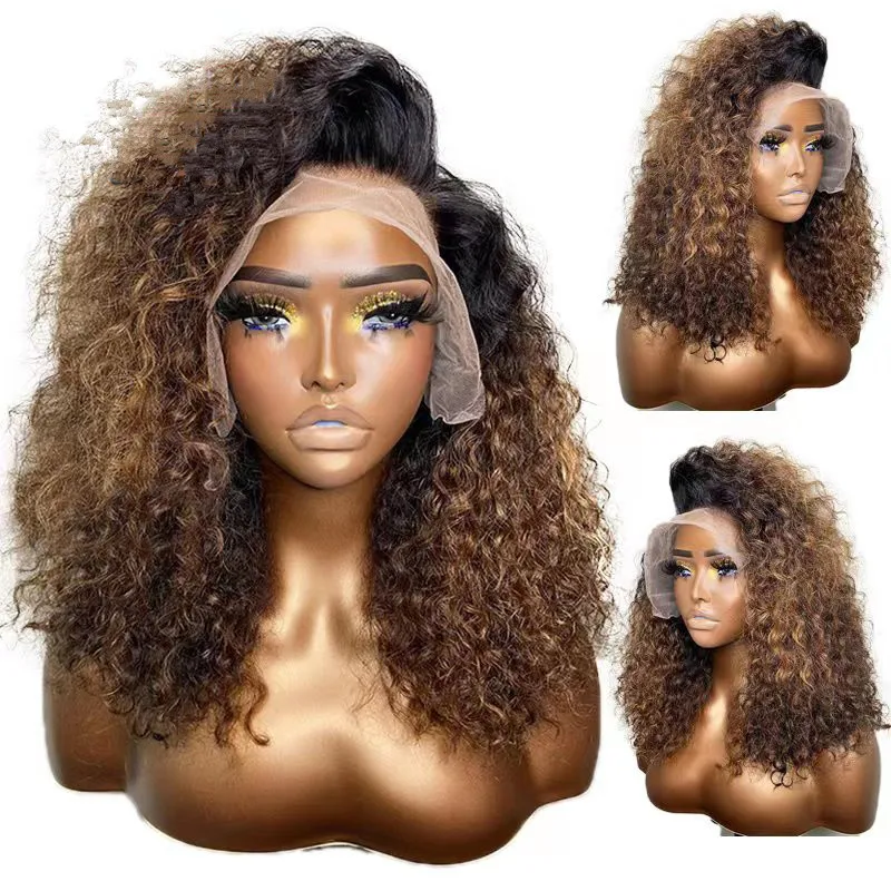 

Soft 26“Long 180%Density Ombre Blonde Brown Natural Hairline Kinky Curly Preplucked Deep Lace Front Wig For Black Women BabyHair