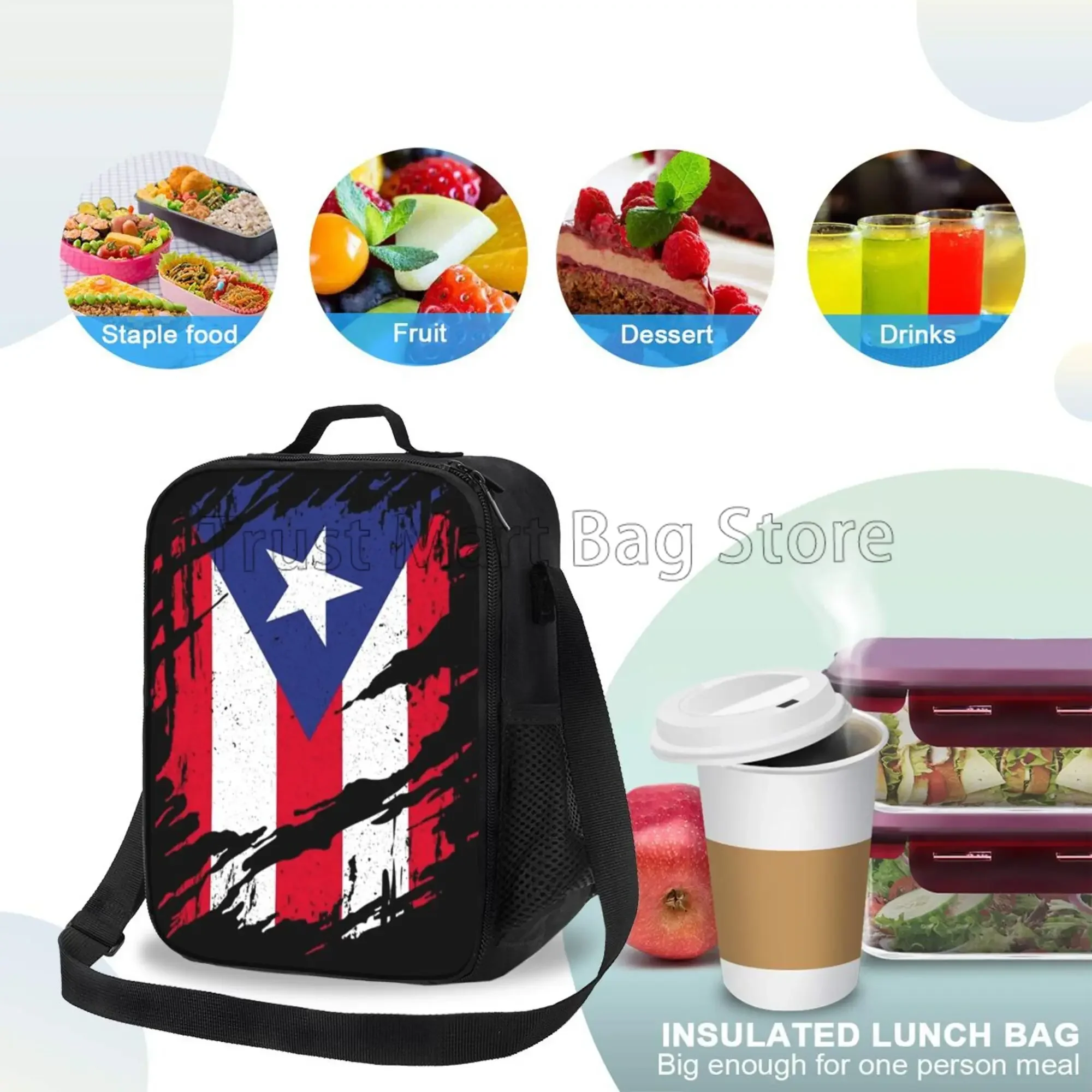 Puerto Rico Flag Print Insulated Lunch Bag Waterproof Reusable Thermal Lunch Box Bento Tote with Adjustable Shoulder Strap