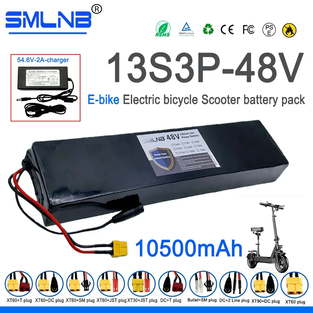 18650 Lithium-ion Battery Pack 48V 10500mAh 1000W 13S3P Suitable for 54.6V with BMS+Charger